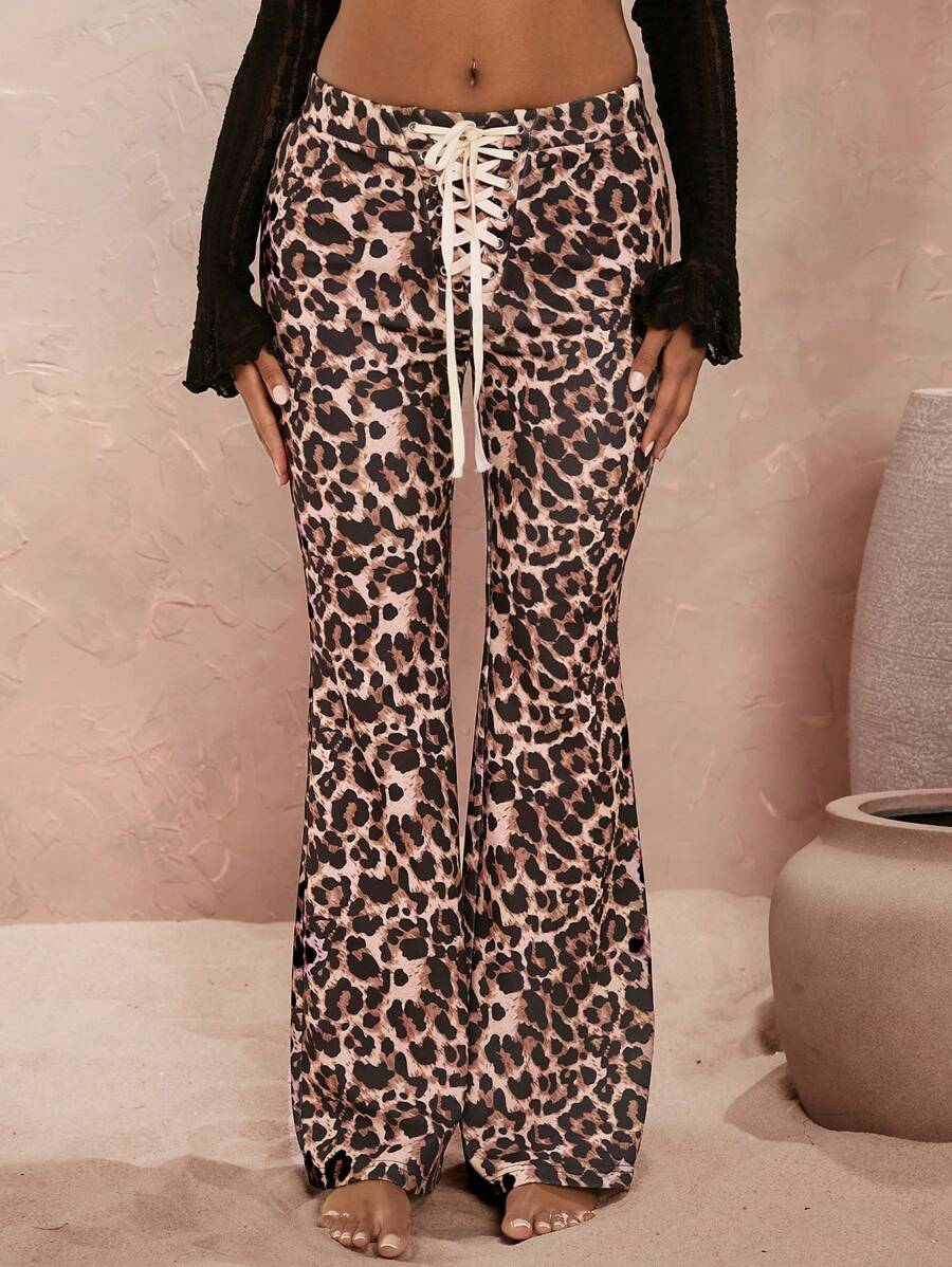 Opulessa Leopard Print Tie Front Flare Leg Pants For Vacation,Tall Women Pants,Fall Pants,VCAY - Brown - View 1