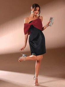SHEIN Belle Burgundy Red Ladies Contrast Bow Decor Asymmetric Neck Elegant Cocktail Party Dress,Semi Formal Prom Gown For Wedding Guest,Birthday,Graduation&Dinner - Burgundy - View 6
