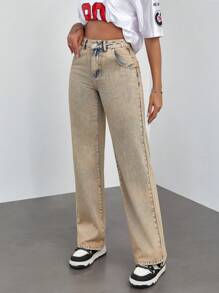 Jeans de mezclilla lavada de pierna recta informal para mujer