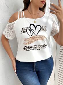 SHEIN LUNE Áo thun tay ngắn họa tiết trái tim và da báo cổ bất đối xứng cỡ lớn - trắng - Xem 5