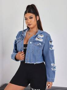 SHEIN ICON Plus Size Women's Solid Color Casual Hooded Long Sleeve Denim Jacket - Blue - View 4
