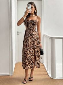 SHEIN Frenchy 女士豹纹开衩吊带连衣裙 - 彩色 - 查看 3