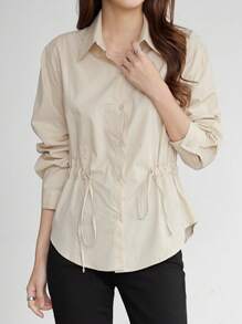 DAZY Women's Solid Color Simple Daily Long Sleeve Cinched Waist Blouse,Fall Clothes - Apricot - View 9