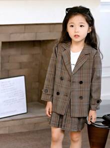 SHEIN Genkimix Kids Young Girl Long Sleeve Blazer Jacket & Pleated Skirt 2-Piece Set - Brown - View 5