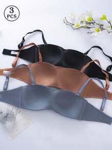 3PCS Wireless Padded Push Up Half Bra Bandeau Bralette With Adjustable Strap - Multicolor - View 3