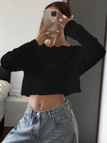 Livesso 女士纯色黑色长袖短款上衣，春秋季外出