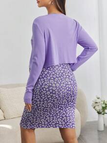 SHEIN 2pcs Maternity Casual Commuter Spring/Fall Set, Button Cardigan & Ditsy Floral Bodycon Dress - Purple - View 2