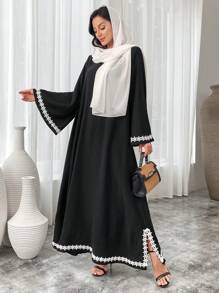 Al Najma 女士拼布缎带喇叭袖长款宽松朴素阿拉伯土耳其连衣裙、卡夫坦和贾拉比亚 - 黑色 - 查看 3