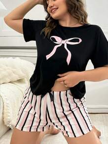 Plus Size Bowknot & Striped Print Short Sleeve Pajama Set - Black - View 1