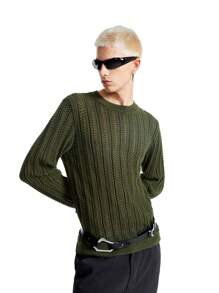 Manfinity VCAY Áo len dệt kim cổ tròn khoét lỗ dáng ôm màu xanh lá cây cho nam, dành cho mùa thu đông - màu xanh lá - Xem 1