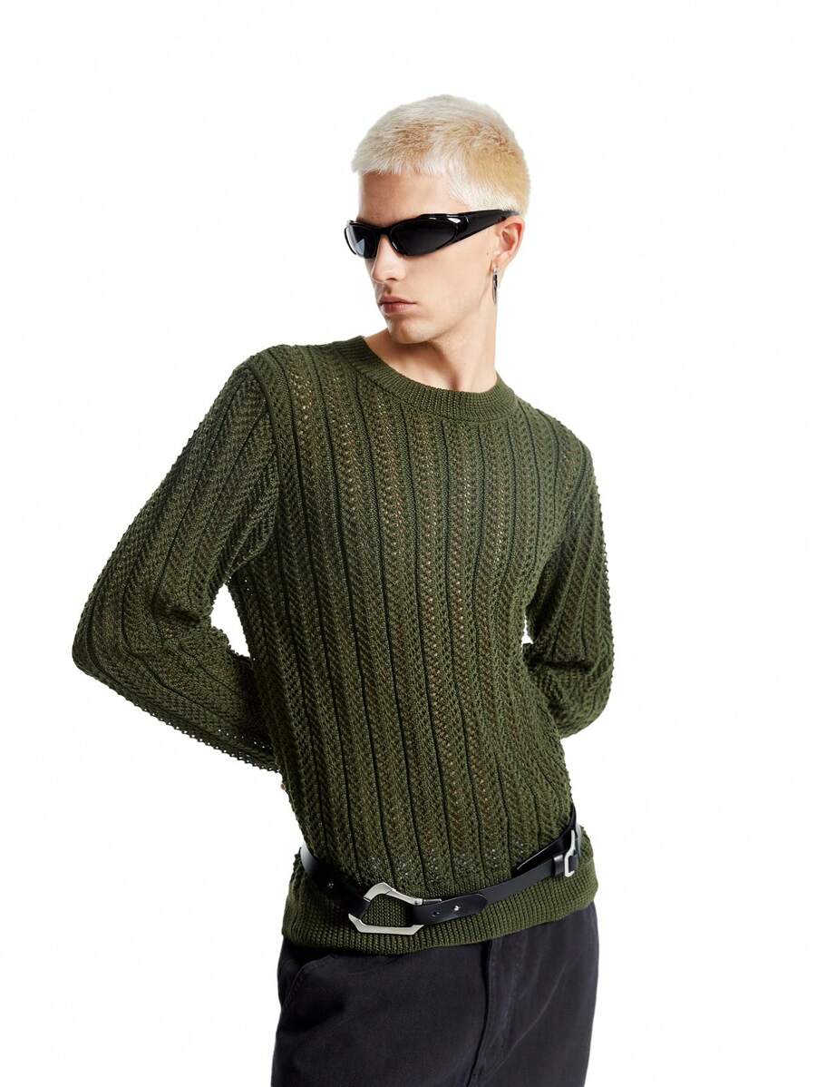 Manfinity VCAY Áo len dệt kim cổ tròn khoét lỗ dáng ôm màu xanh lá cây cho nam, dành cho mùa thu đông - màu xanh lá - Xem 1