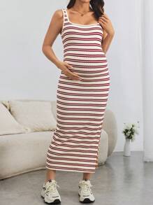 SHEIN 孕妇装 City Vacation 圆领修身中长连衣裙 - 酒紅色 - 查看 5