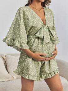 Bộ đồ liền thân ống rộng thắt nơ phía trước cho bà bầu khi đi nghỉ ở thành phố - màu xanh lá - Xem 6