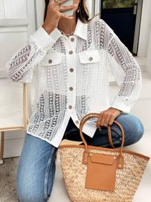 SHEIN Frenchy Hollow Lace Patching Out Solid Drop Shoulder Coat, Fall Women Clothes, Button Front Fall Women Tops, Women Cardigans, Fall Women Outfits, Long Sleeve Women Shirts