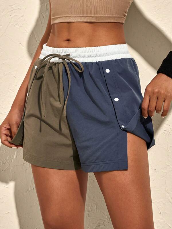 VARSITIE Contrast Color Patchwork Elastic Waistband With Slits Buttons Women Sports Skorts