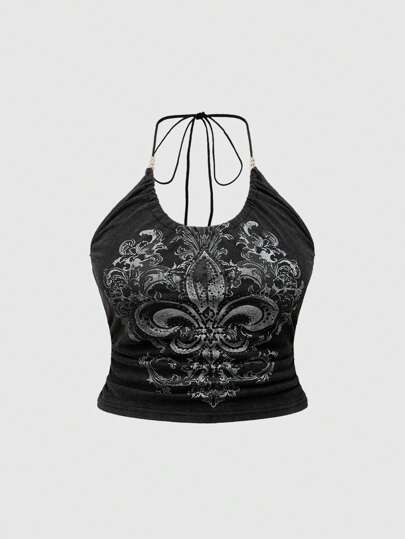 Fairycore Top a canotta oversize con stampa a tatuaggio di fiore di giglio e spine impreziosita da cristalli