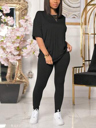 2 Piezas/set Camiseta De Cuello Redondo De Color Sólido Y Mallas Para El Verano