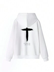 女士休闲十字印花抽绳连帽长袖运动衫，适合秋冬季，释放您的时尚潜力：探索我们的女士连帽衫系列，融合温暖与时尚 - 白色 - 查看 3