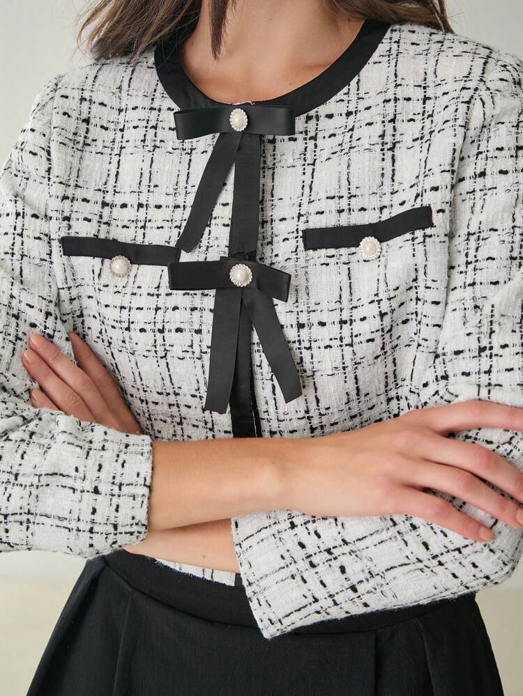 Autumn Women's Coat Women's Sweet And Cute Plaid Contrast Tweed Long-Sleeved Coat Bow Decoration Autumn And Winter