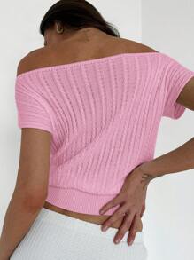 Aloruh Áo thun bó sát dệt kim hở vai thanh lịch dành cho nữ, màu trắng - Màu Hồng baby - Xem 5