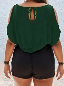 SHEIN LUNE Blusa de talla grande con mangas tipo murciélago y hombros descubiertos de color sólido - Verde Oscuro - Ver 2