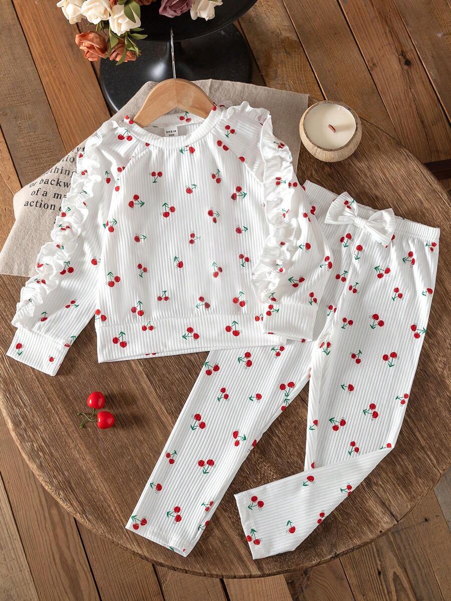 2pcs Young Girl Lightweight Knit Ruffled Collar Splicing Long Sleeve Top And Matching Comfy Pants Set, Spring/Autumn - White - View 1