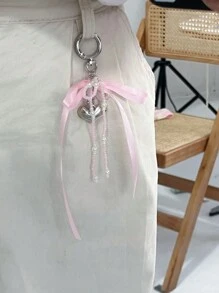 ROMWE Kawaii 1pc Pearl Bow Bag Charm Keychain, INS Style Heart Pendant Keyring Accessory - Multicolor - View 2