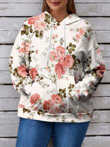 EMERY ROSE Áo nỉ rộng rãi in hoa thường ngày cỡ lớn có mũ trùm đầu có túi cho nữ, mùa thu/đông - trắng - Xem 4