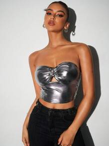 Aloruh Damen Sexy Chic YTK Mode Club Wear Ausgehobenen engen glänzenden PU Kurz-Camisole Top Ausgehtops Halloween Tops Partytops - Silber - Übersicht 3