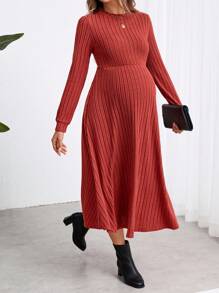 SHEIN Maternity Tight Fitting Red Midi Long Sleeve Dress, Midi Dress, Fall - Redwood - View 2