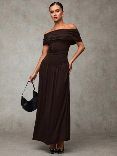 SHEIN BAE 海军蓝露肩荷叶边中长连衣裙，休闲日常穿着，百搭纯色，老派风格，教师装，办公室时尚装，秋季女装