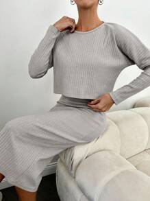 EURMUSE Solid Dolman Sleeve Ribbed Knit Tee & Pencil Skirt - Beige - View 5