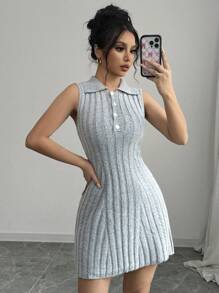 Chiquease Women's Solid Color Simple Casual Collared Sleeveless Sweater Dress - Light Grey - View 3