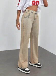 Jeans de mezclilla lavada de pierna recta informal para mujer