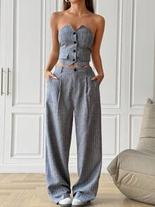 Muchica Bộ 2 món áo crop top không tay in sọc màu xám đậm và quần túi thường ngày cho nữ - Đen và trắng - Xem 1