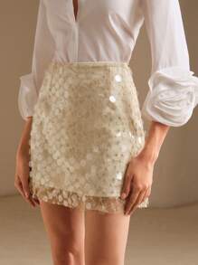 Anewsta Apricot Sequin See-Through Skirt For Fashionable Women