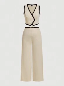 SHEIN MOD Plus Size Khaki Simple Versatile Contrast Black Trim Blazer Vest And Wide Leg Pants 2pcs Set