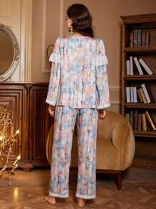 Lace Patchwork V-Neck Vintage Print  Women Pajama Set - Multicolor - View 2