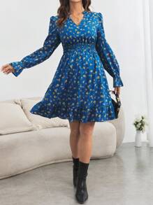 SHEIN 孕妇碎花缺口领褶皱腰连衣裙 - 藍色 - 查看 6