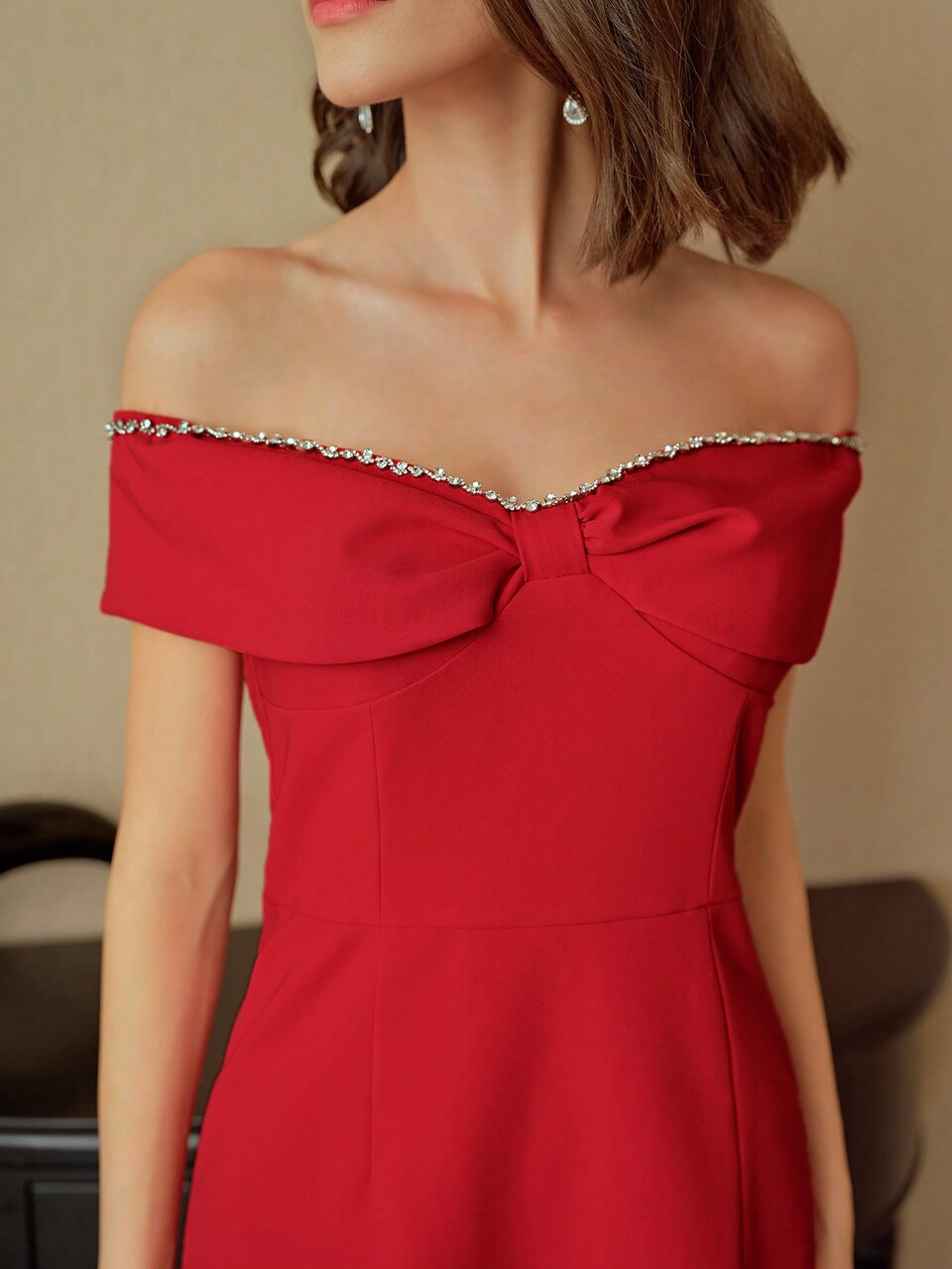MOTF STUDIO OFF SHOULDER RHINESTONE TRIM RUCHED BUST DRESS, NEW YEAR OUTFIT