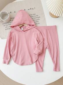 SHEIN 女婴针织弹力纯色连帽上衣和松紧腰裤套装，秋冬 - 粉色 - 查看 5