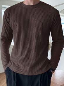 DAZY Men's Ribbed Summer Knit Long Sleeve T-Shirt Business Attire - Coffee Brown - View 3