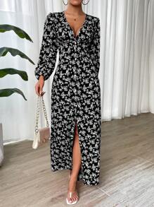 SHEIN Clasi 女式V領花卉印花度假風格春夏連衣裙 - 黑色 - 查看 5