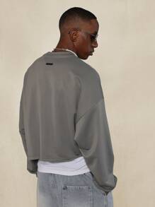 SUMWON Lightweight Crew Neck Sweatshirt With Tape Print Detail Autumn Casual Long Sleeve Athletic Workout Gym Running Pullover - Grey - View 2