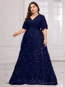 UNITHORSE Plus Size V-Neck [Random Cut] Ruffle Sleeve, Chest Pleated Leaf Mesh Embroidery Sequin Mesh Contrast Color Formal Dress, Elegant For Gala, Wedding Guest, Graduation, Bridal, Birthday Party, Formal Occasion Spring - Navy Blue - View 1