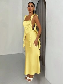 SHEIN BAE Vestido largo de mujer con tirantes finos, cuello con drapeado y espalda descubierta para vacaciones, vestido de graduación y boda