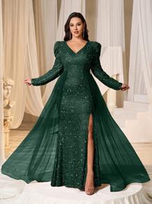 Faeriesty Plus Size Gigot Sleeve Mesh Patchwork High Slit Sequin Maxi Evening Dress - Dark Green - View 5