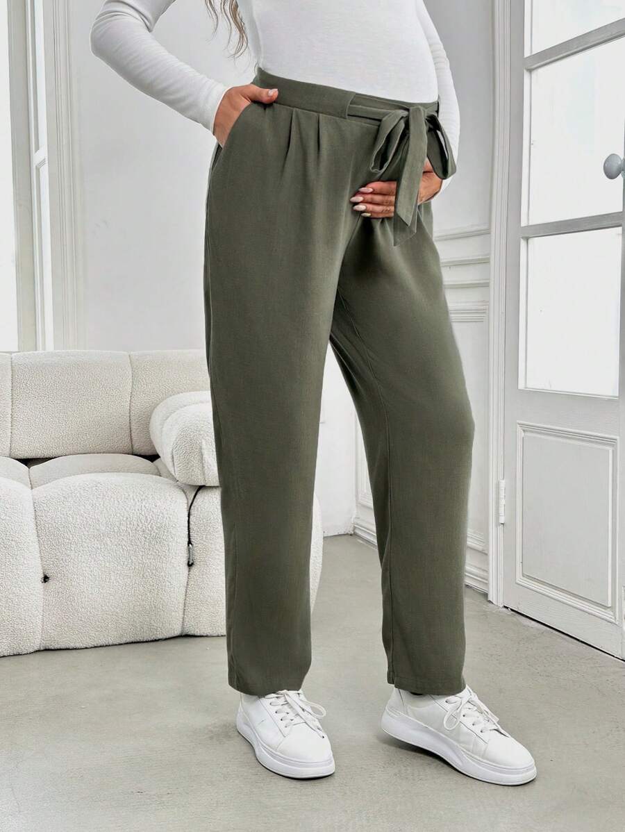 SHEIN 孕妇秋季女士系带蝴蝶结松紧腰直筒九分裤 - 綠色 - 查看 1