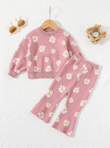Cozy Pixies 2 piezas Conjunto de ropa para bebé niña con suéter de cuello redondo de manga larga con diseño floral y color contrastante