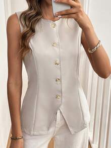 SHEIN Clasi Chaleco sin mangas de unicolor simple para uso diario para mujeres - Albaricoque - Ver 3